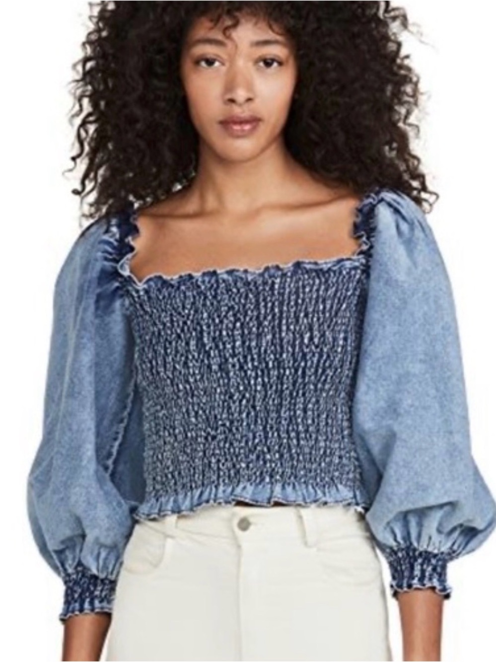Something Navy Distressed Wash Denim Smocked Bubble Sleeve Crop Top M